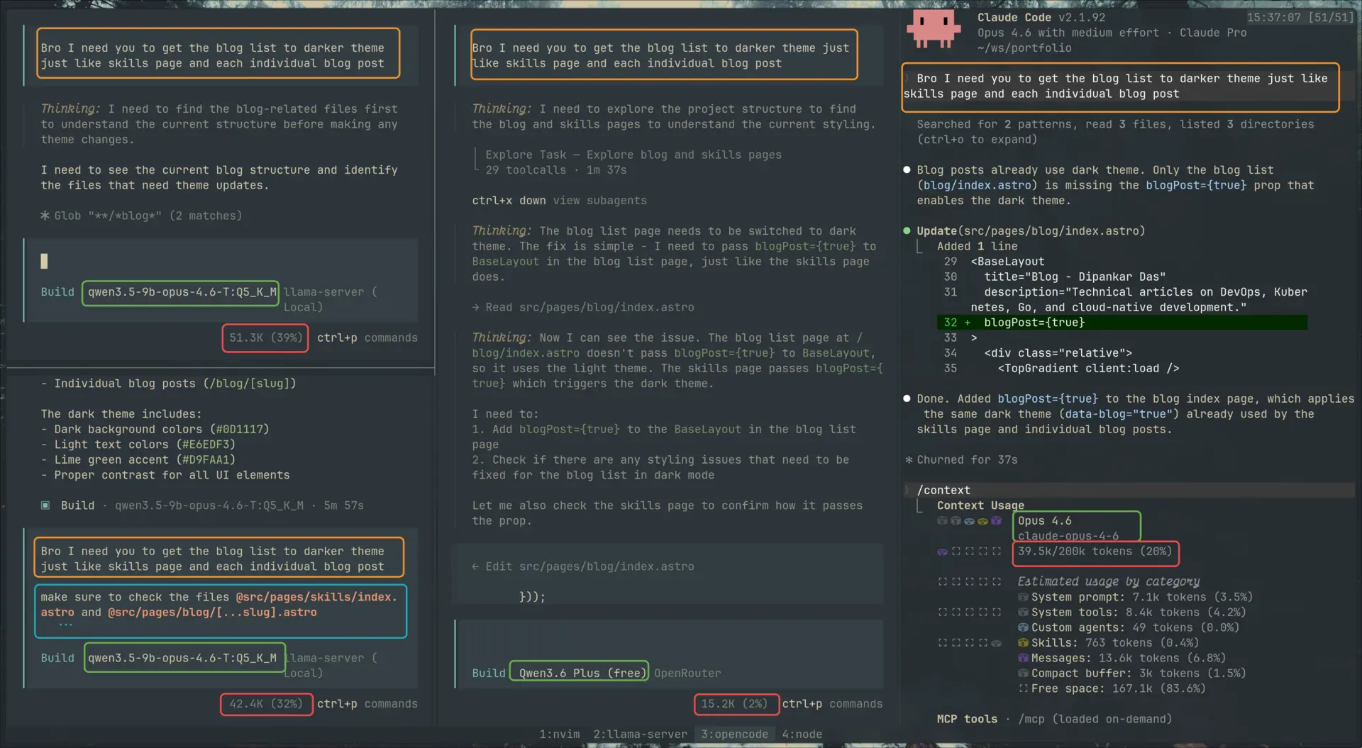 Three-way tmux comparison: local Qwen distill on the left, Qwen 3.6 Plus in the middle, Claude Opus 4.6 on the right, all working on the same refactor task