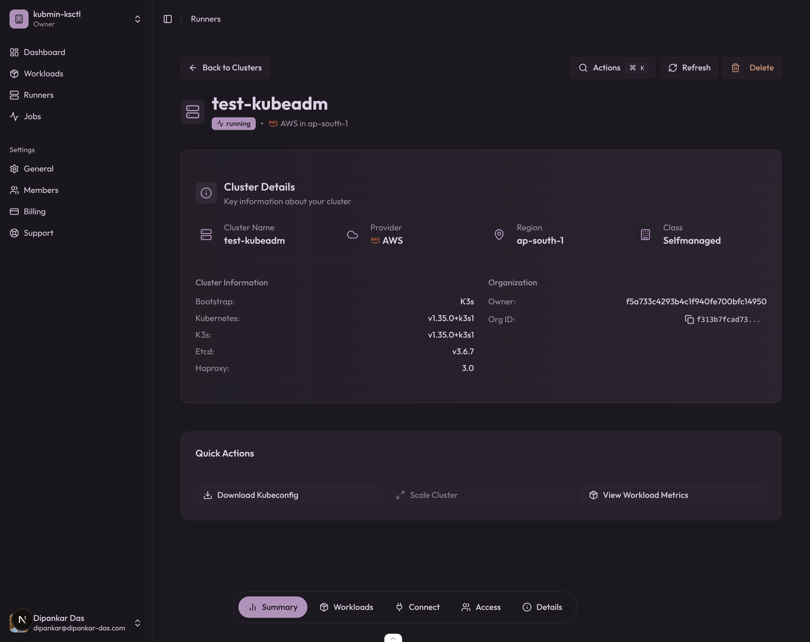 kubmin dashboard showing a self-managed K3s v1.35 cluster running on AWS