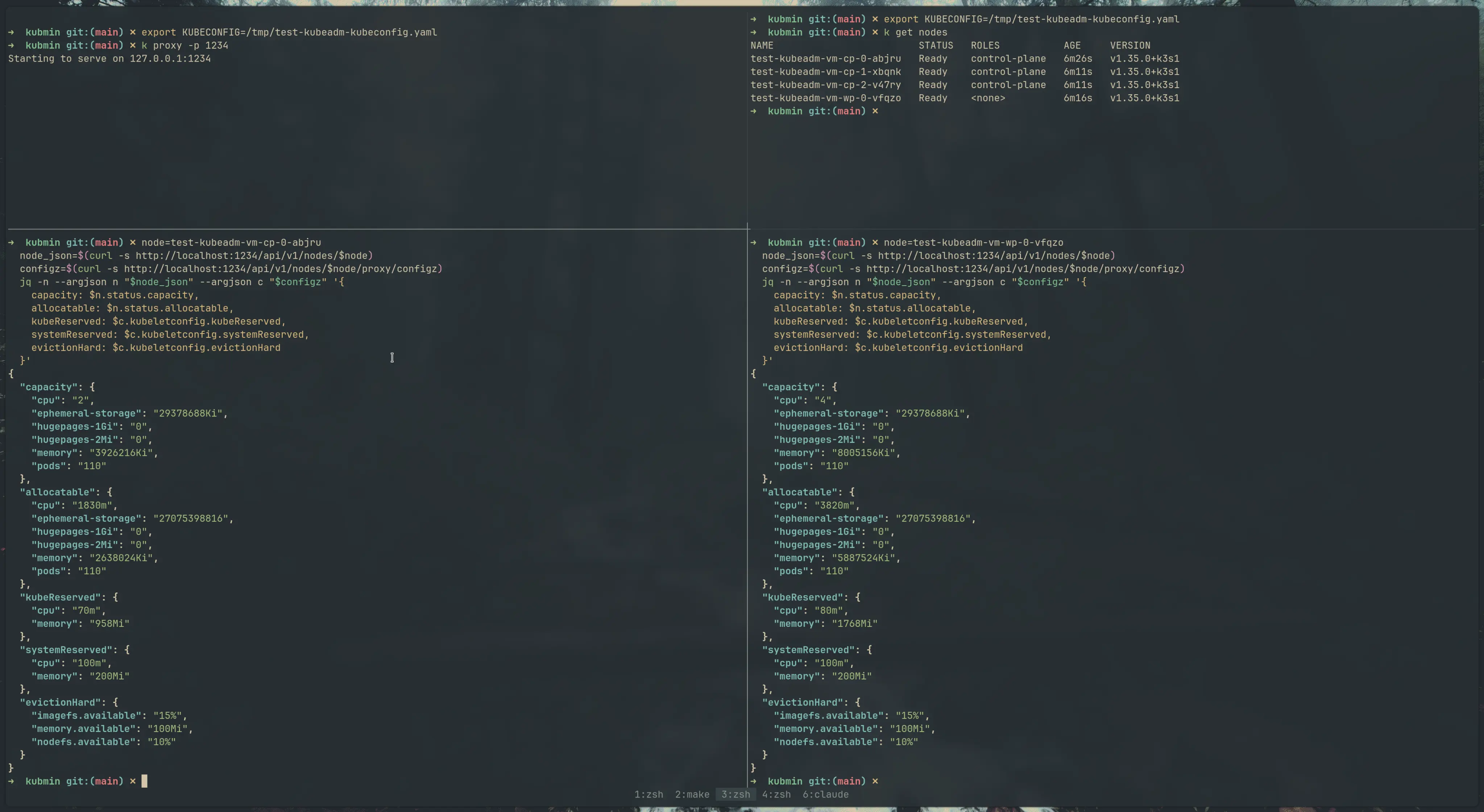 kubectl proxy configz output showing kubelet reservations applied per-node on a K3s cluster