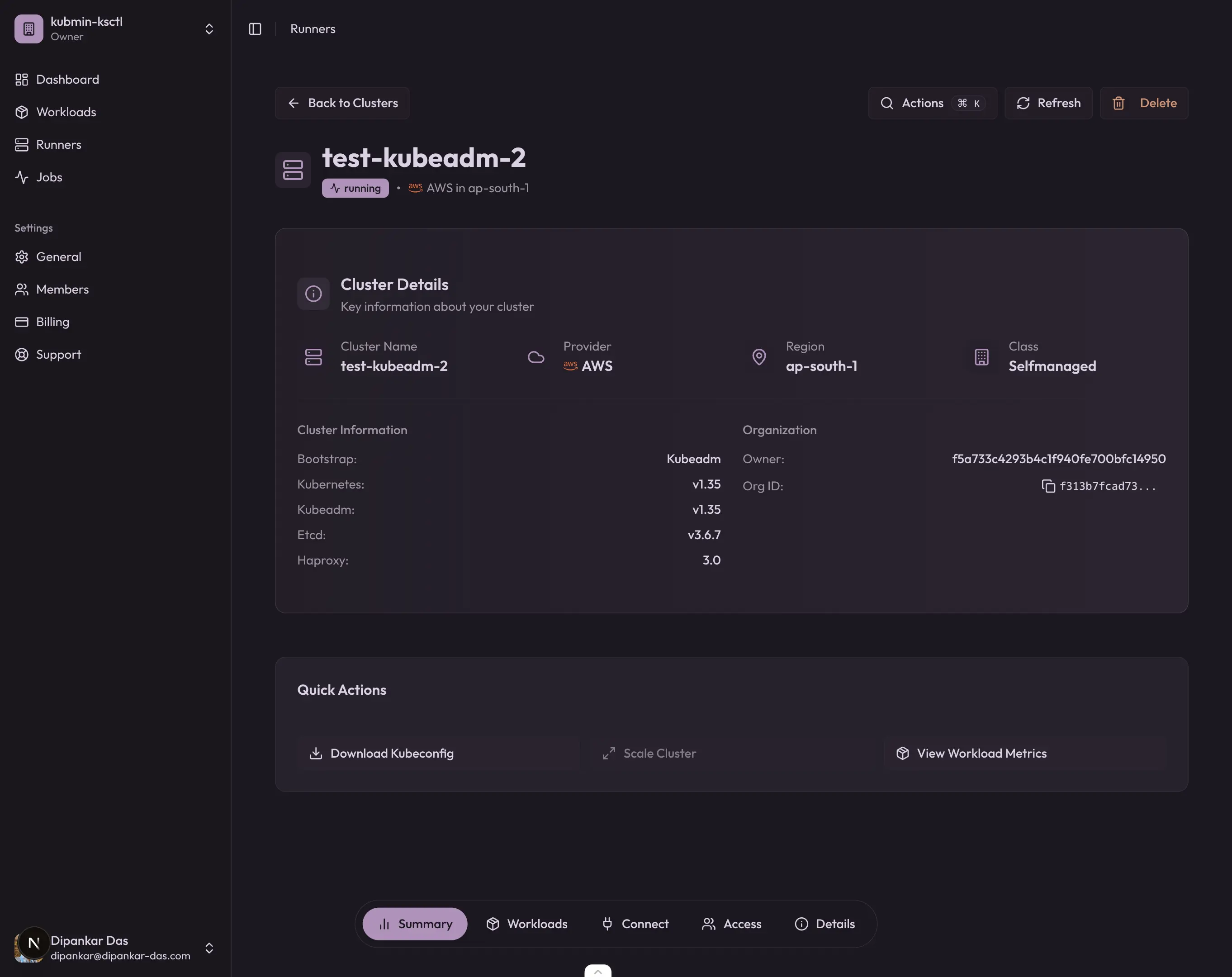 kubmin dashboard showing a self-managed kubeadm v1.35 cluster running on AWS