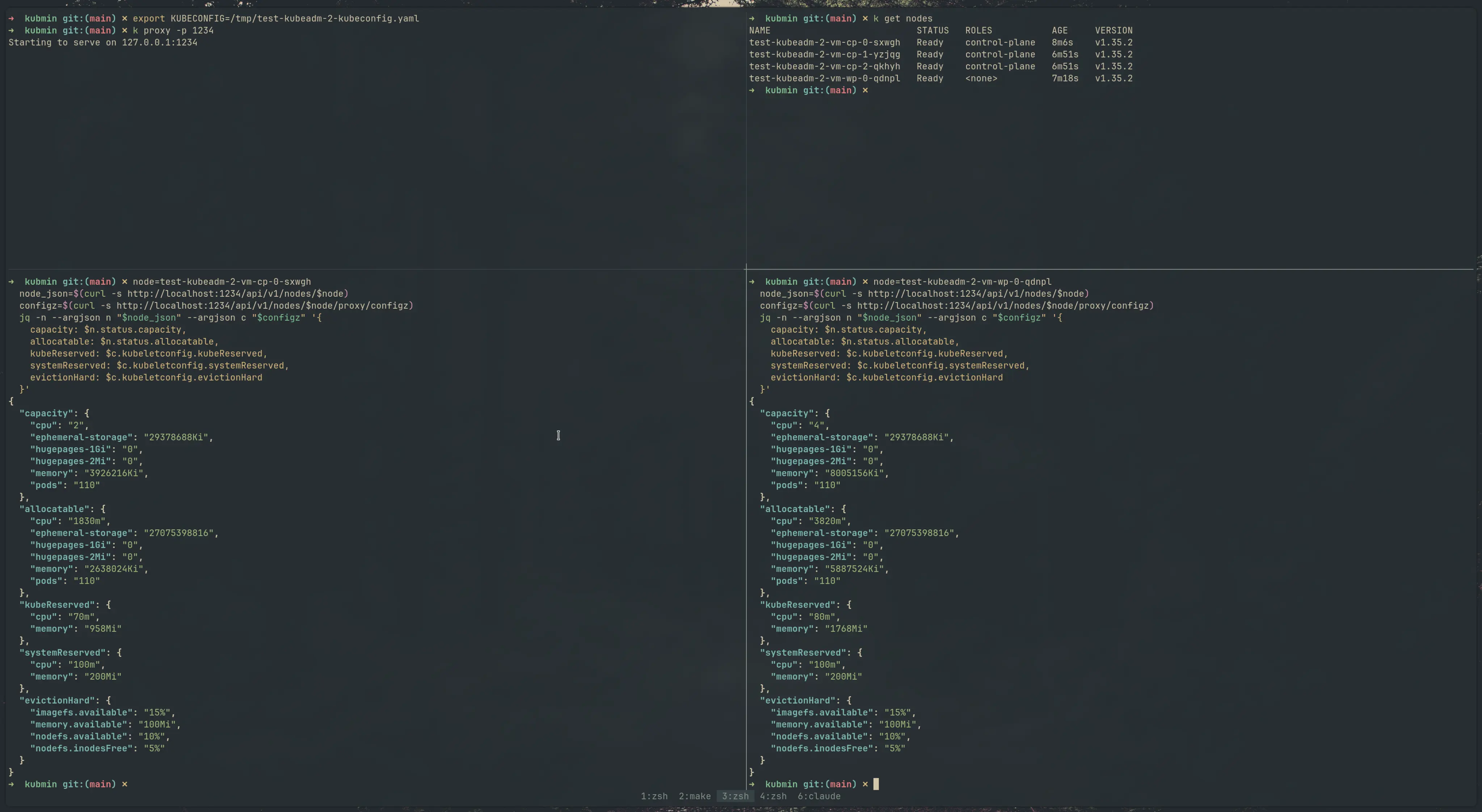 kubectl proxy configz output showing kubeReserved, systemReserved, and evictionHard on kubeadm control plane and worker nodes