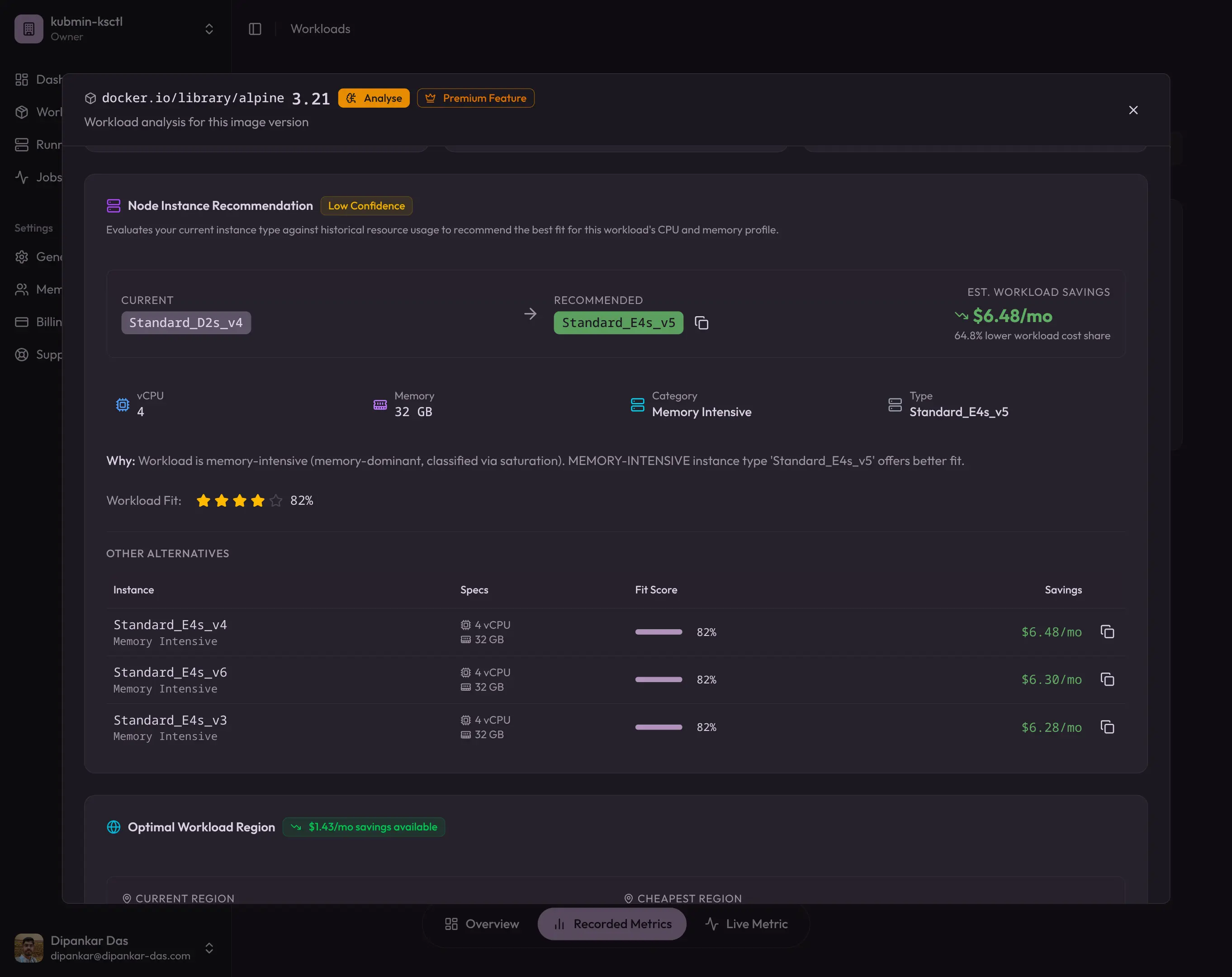 kubmin workload analysis showing Node Instance Recommendation with fitScore, cost savings, and alternative instance types