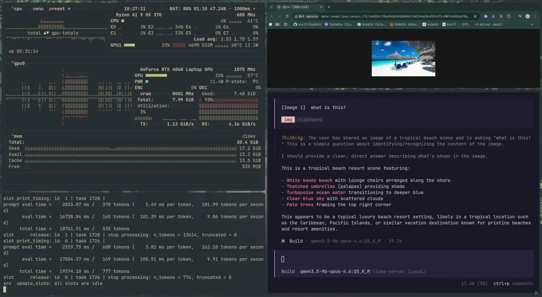 Split screen showing GPU utilization during inference on the left, and the model correctly describing a tropical beach image on the right