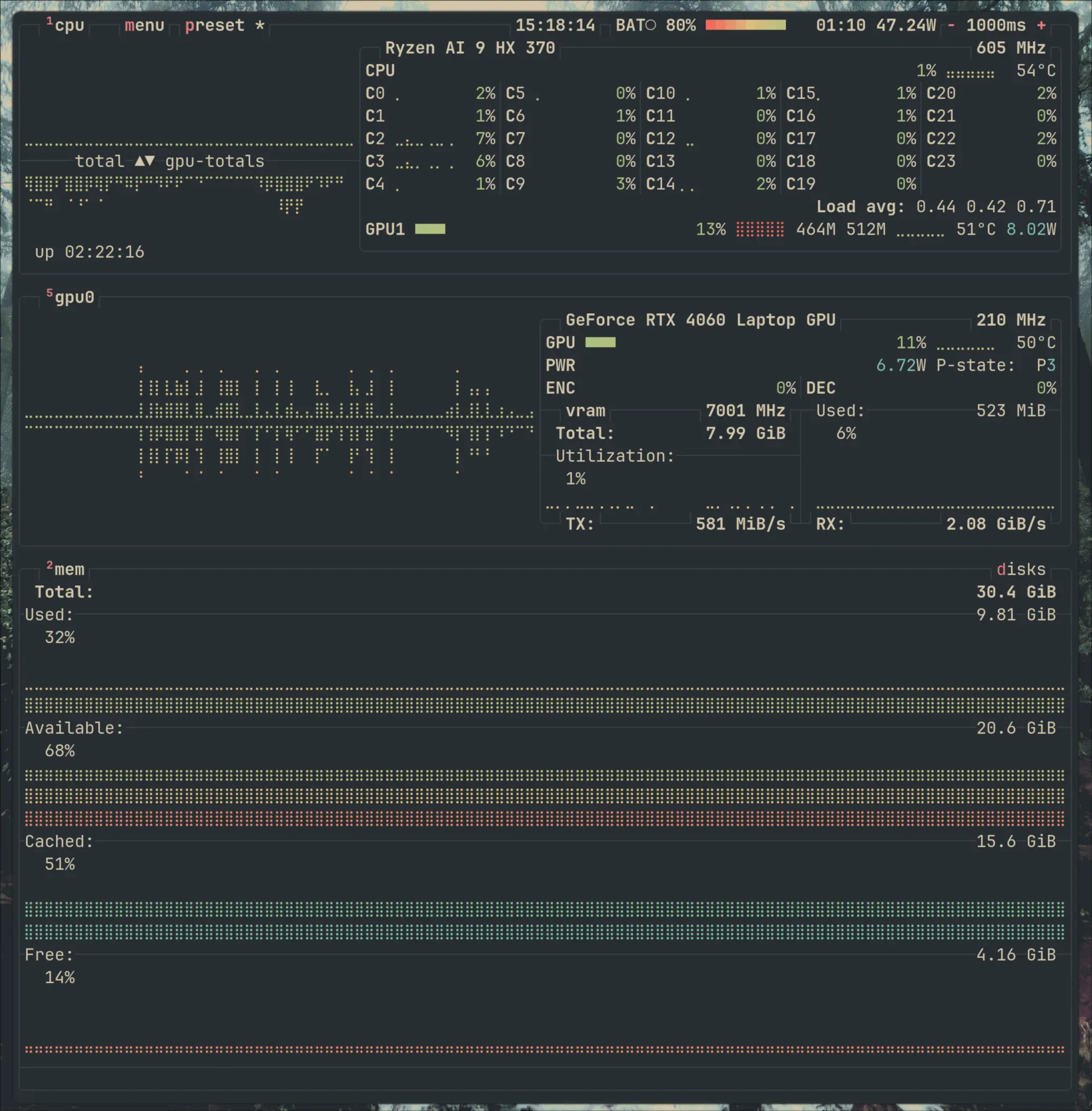 System monitor showing Ryzen AI 9 HX 370 CPU, RTX 4060 Laptop GPU with 8 GB VRAM, and 30 GB system RAM at idle