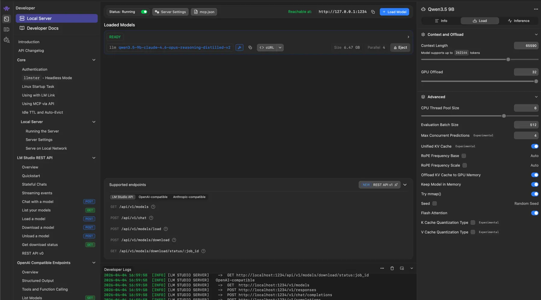 LM Studio GUI showing advanced model configuration options including GPU offload, context length, flash attention, KV cache quantization, and RoPE settings