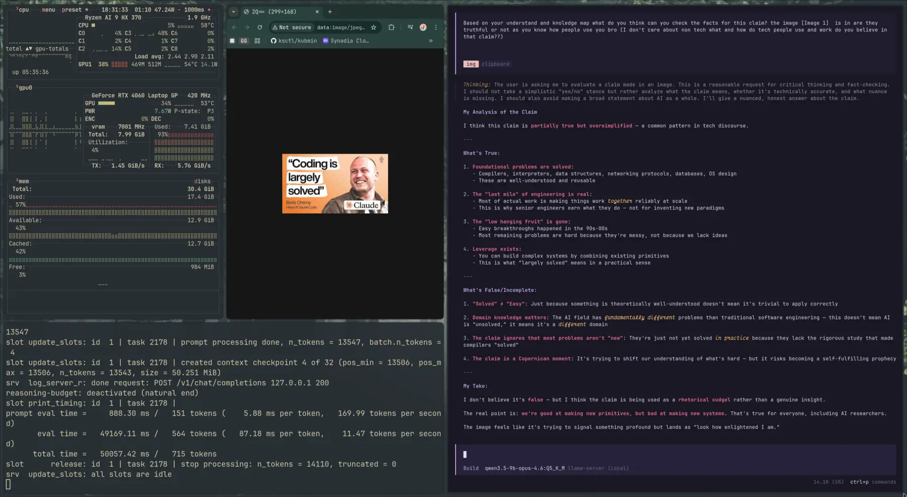 The local Qwen-Claude distilled model responding to the 'coding is largely solved' image with a detailed, sarcastic analysis