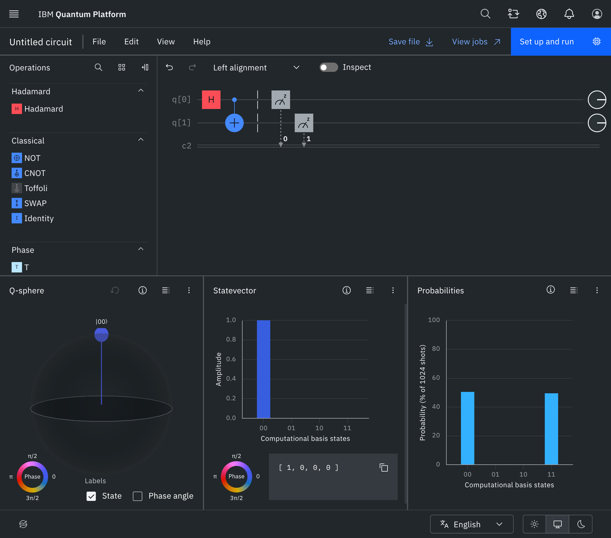 H + CNOT Bell state in IBM Quantum Composer — only 00 and 11 in the probability panel