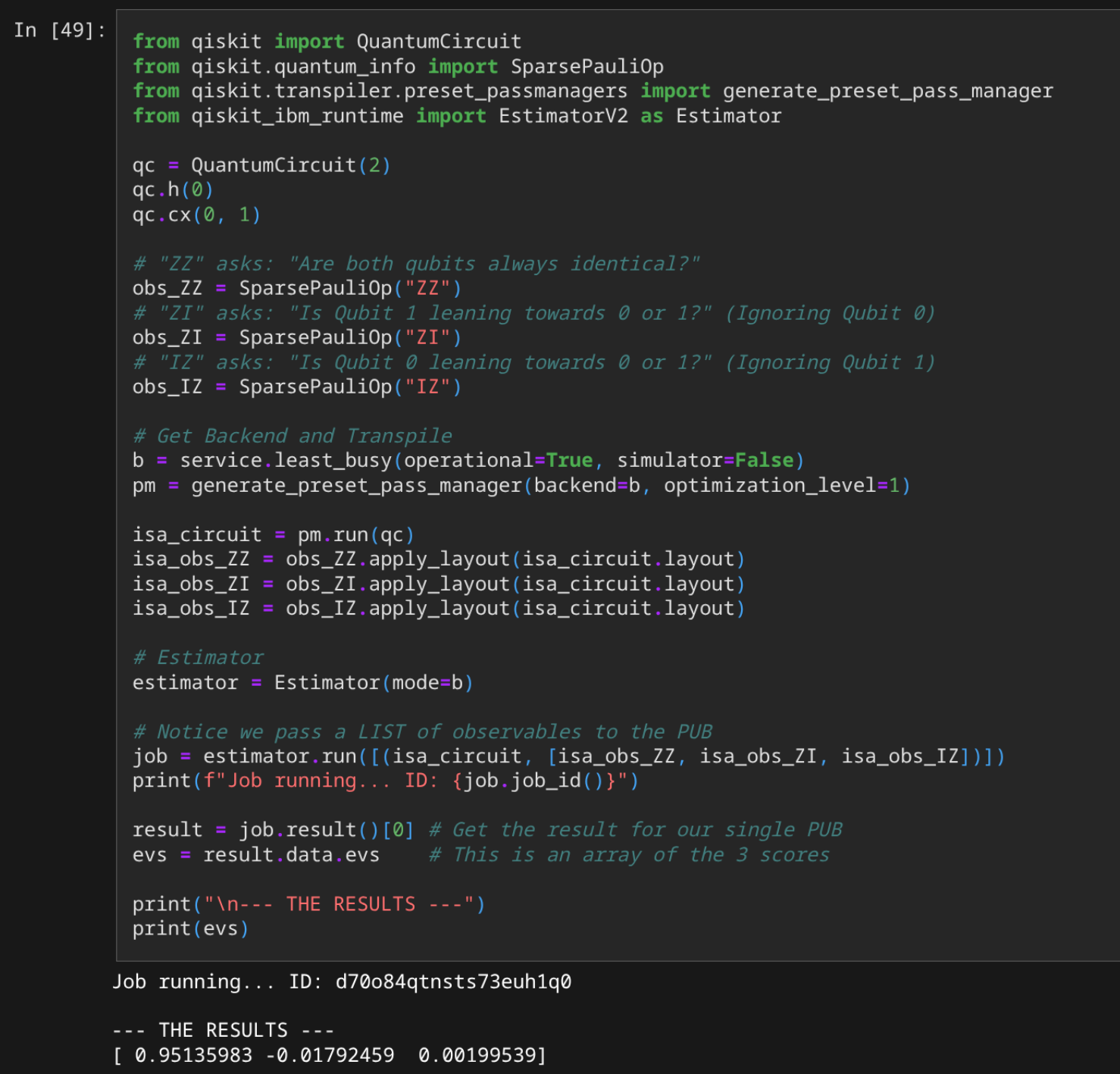 Estimator running on real IBM quantum hardware showing ZZ, ZI, IZ expectation values