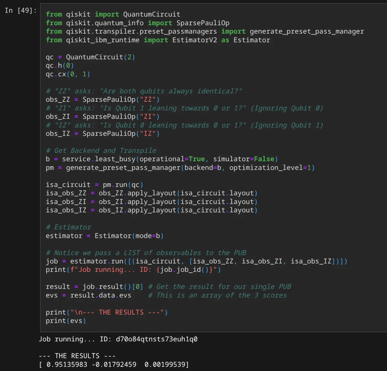 Estimator running on real IBM quantum hardware showing ZZ, ZI, IZ expectation values