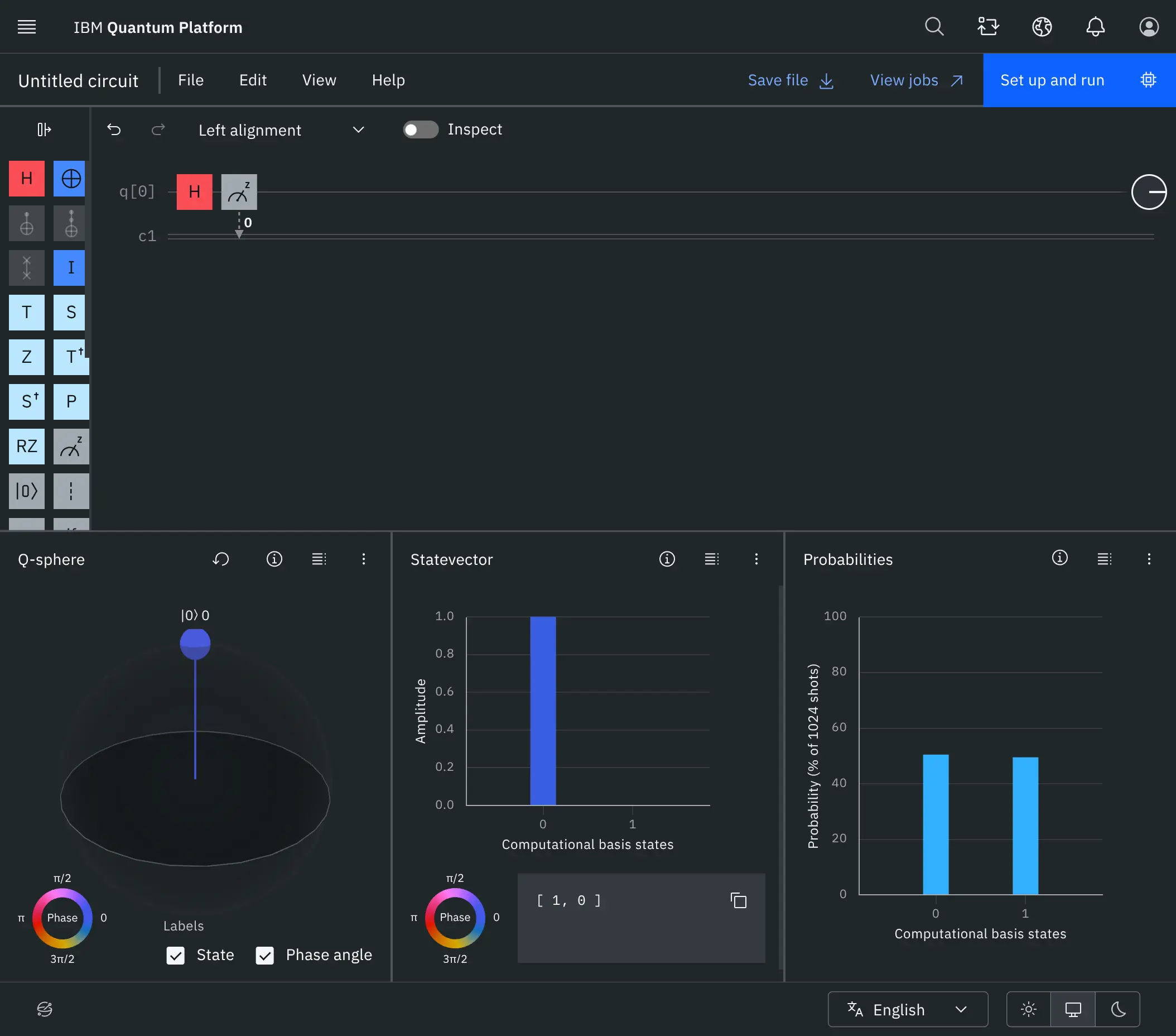 Hadamard gate in IBM Quantum Composer showing Q-sphere, Statevector, and Probabilities
