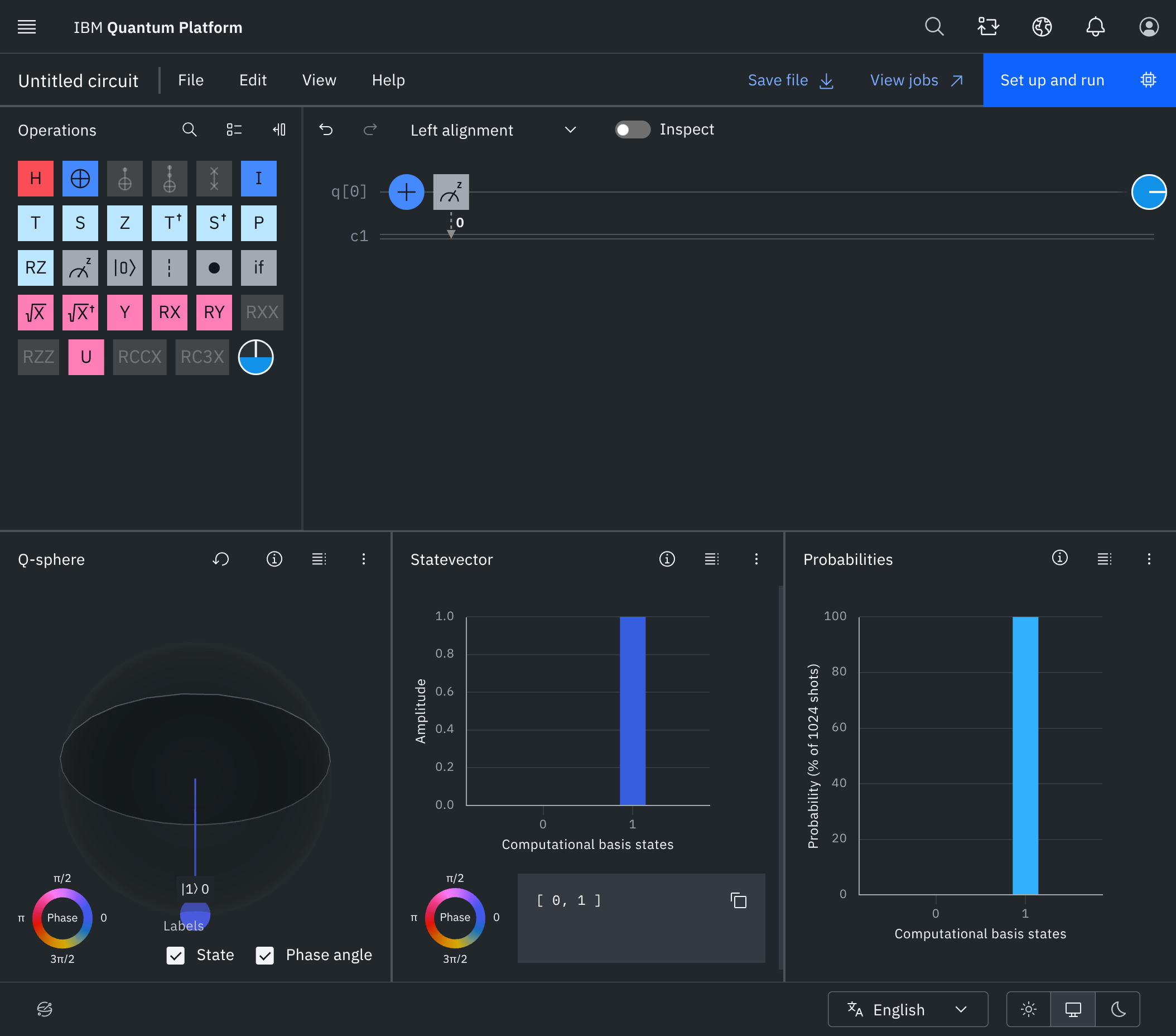 X gate in IBM Quantum Composer — Q-sphere shows the state flipped to |1⟩