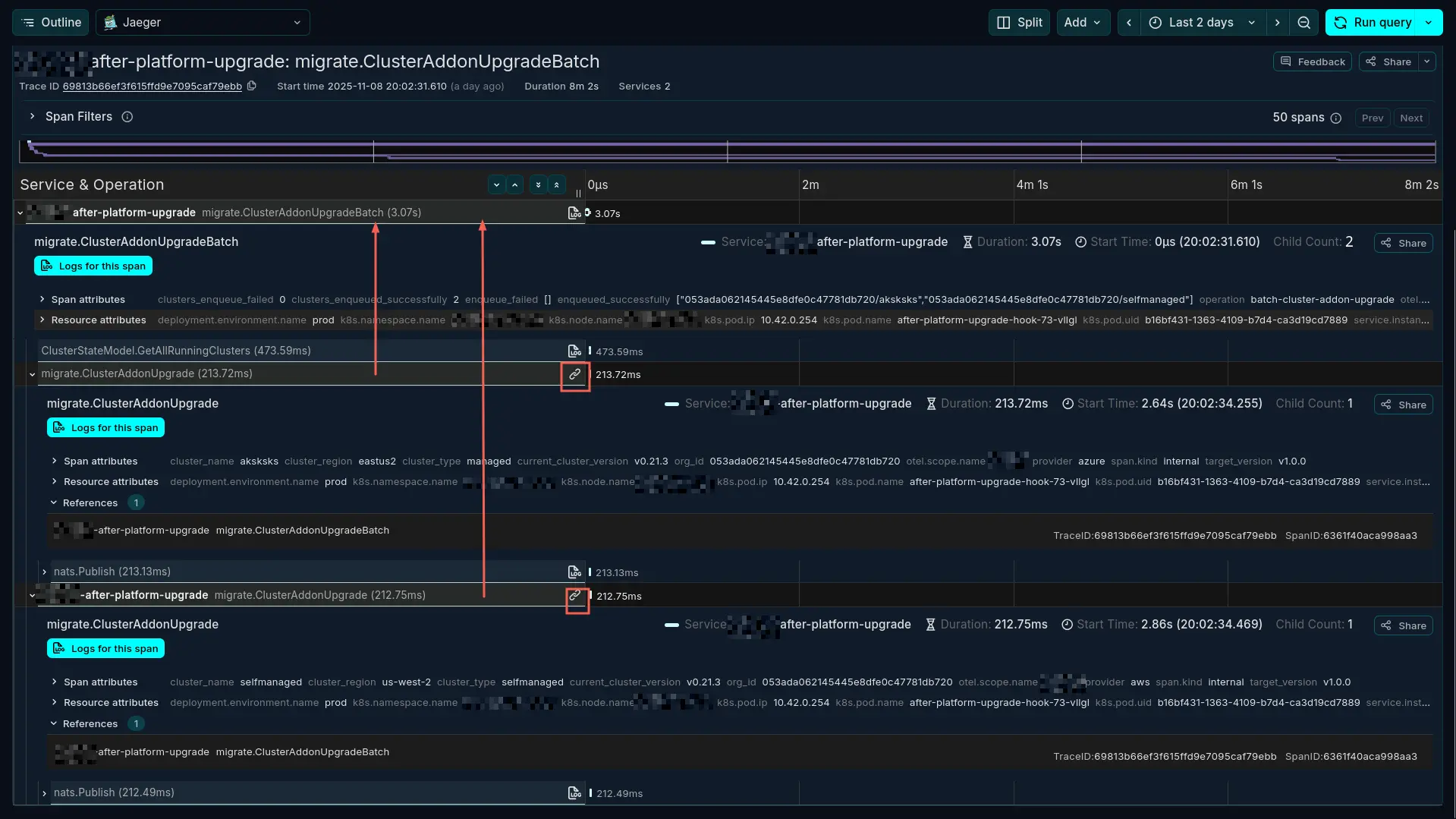 Example of linking spans for a grouped job