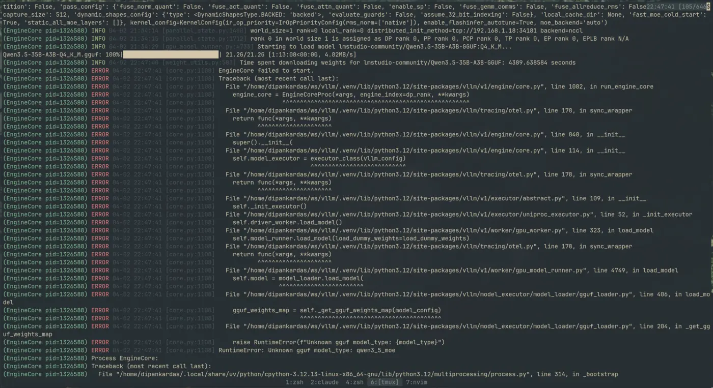 vLLM error output showing RuntimeError: Unknown gguf model_type: qwen3_5_moe