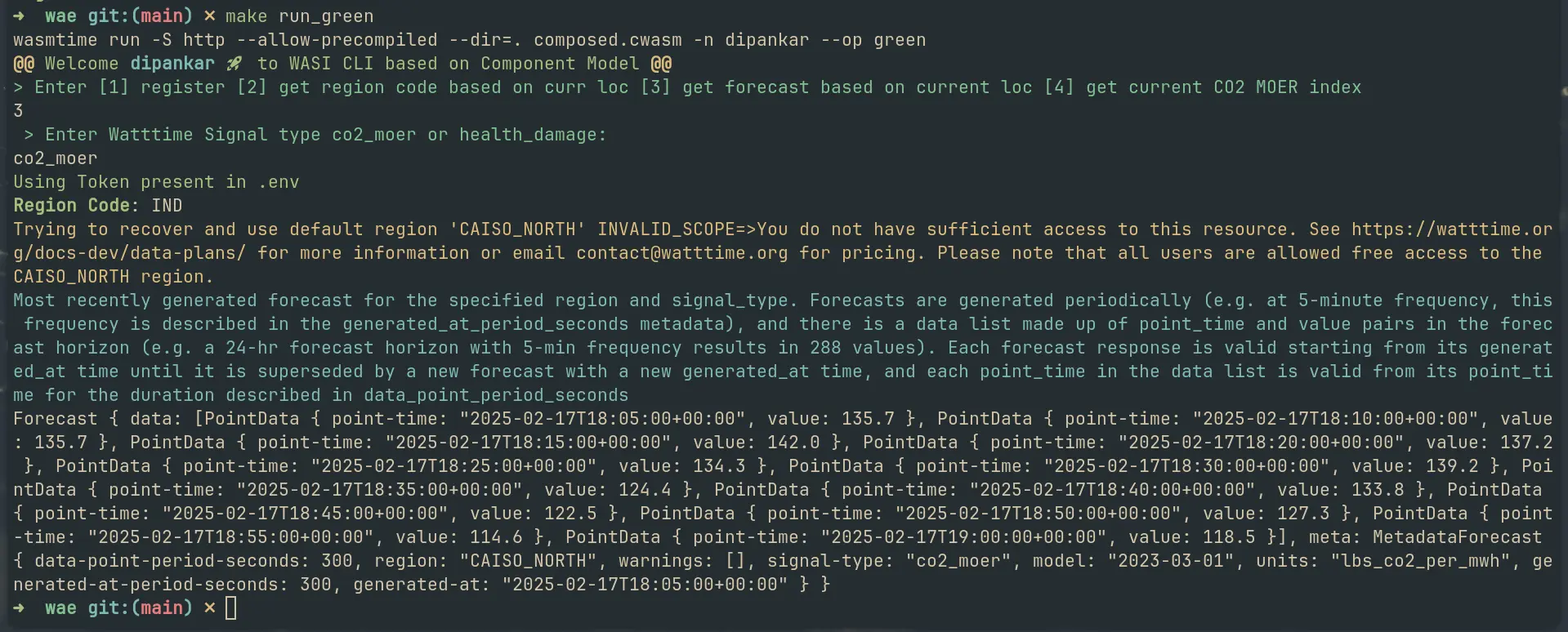CO2 emission data from Wasmtime